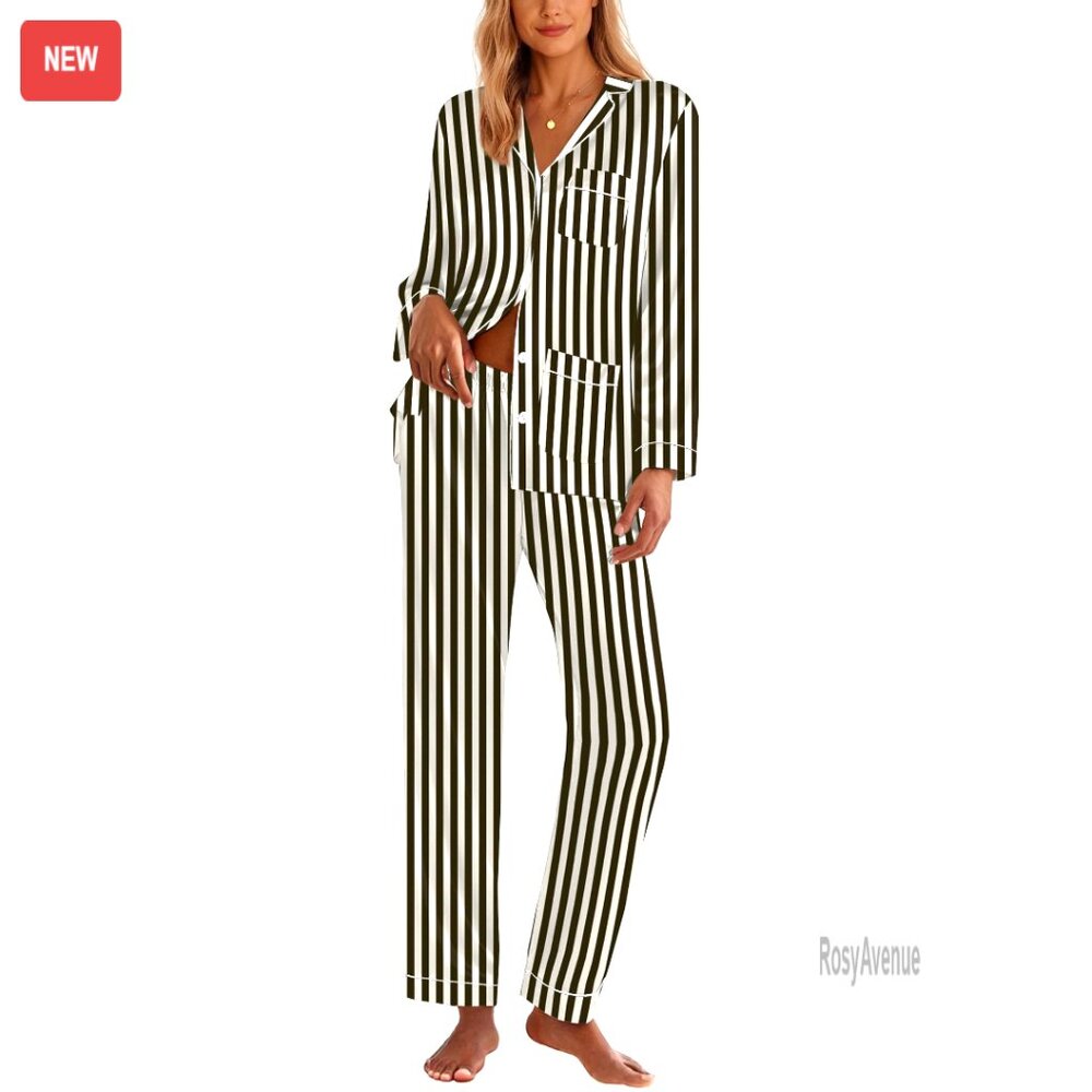 Long Sleeve Satin Pajama Set With Pockets, Button Down Lounge Wear